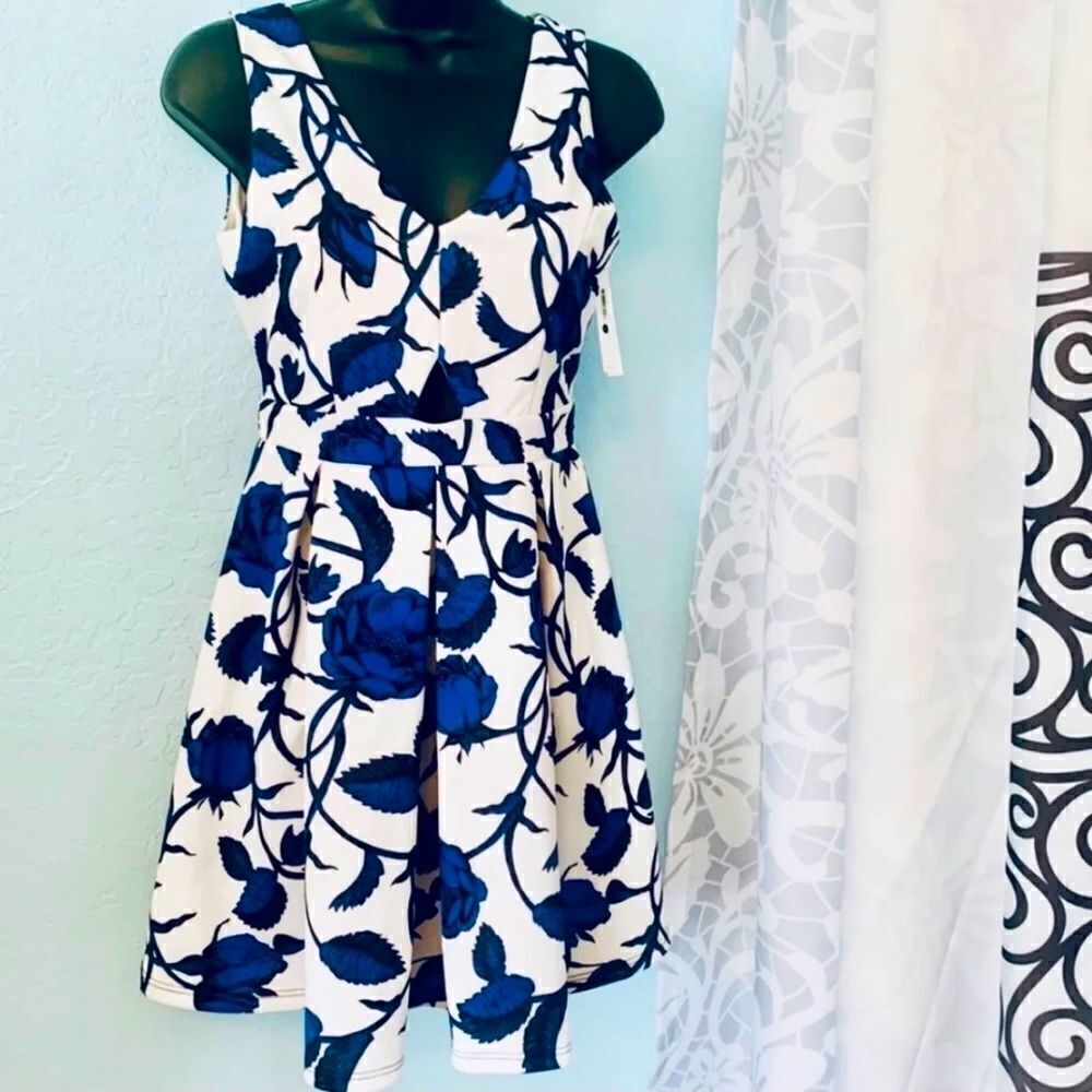 Aqua Blue & White Floral Fit & Flare Cutout Dress Size Small